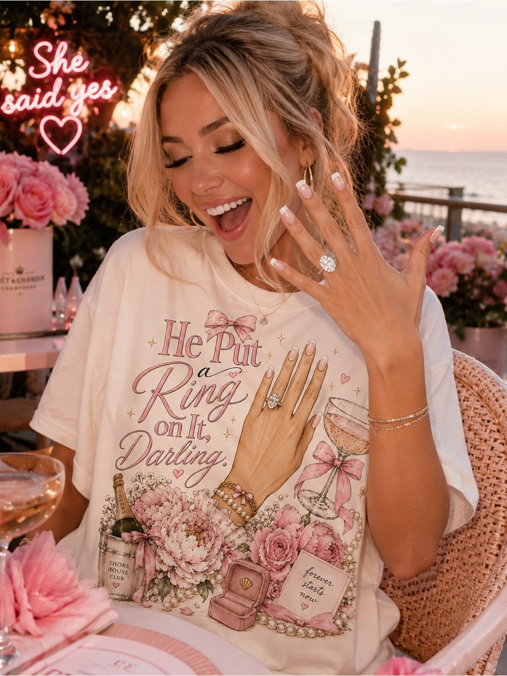 Graphic Tee "He Put a Ring on It Darling" - Pink & Cream Floral S-5x